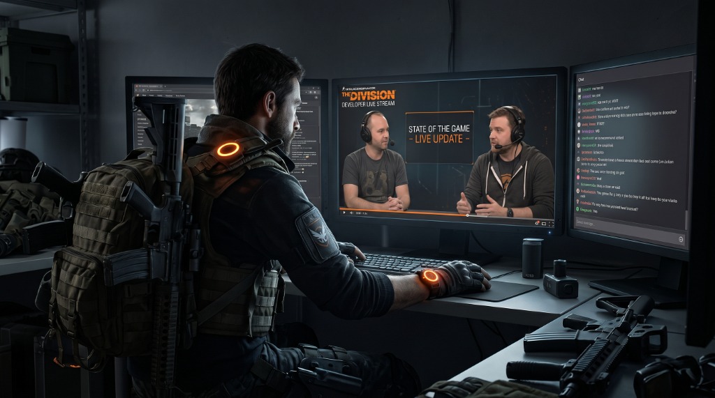A multi-monitor setup displaying a Division Resurgence developer livestream alongside Twitch chat