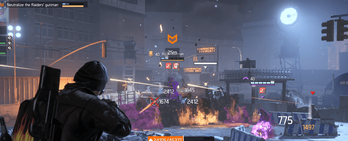 Division Resurgence damage type weakness color bars above enemy health showing dark blue piercing, light blue shredding, and red blast indicators