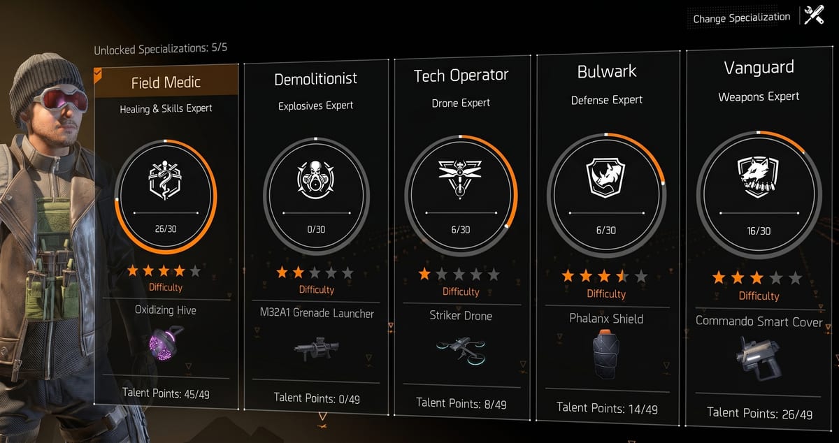 Which specialization to pick in The Division Resurgence , Vanguard, Demolitionist, Bulwark, Field Medic, Tech Operator comparison guide