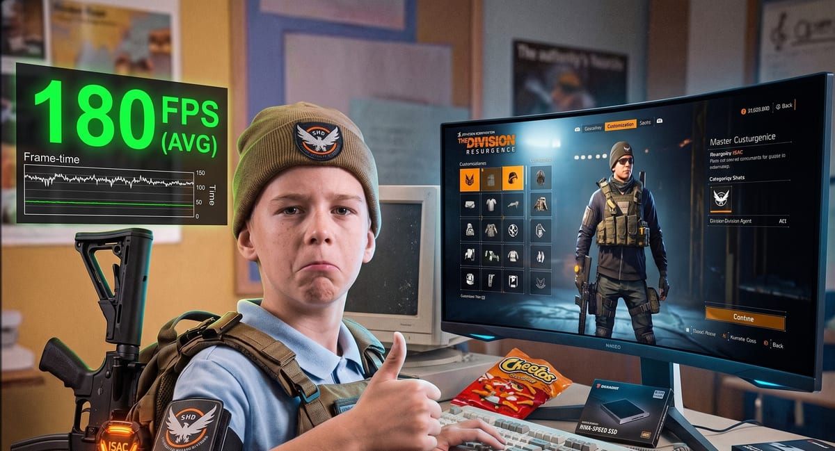A young gamer giving a thumbs up with a 180 FPS overlay playing The Division Resurgence on PC