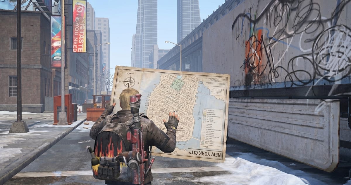 A Division Resurgence agent checking a map on a snowy New York street for the Season 1, 2, and 3 content roadmap