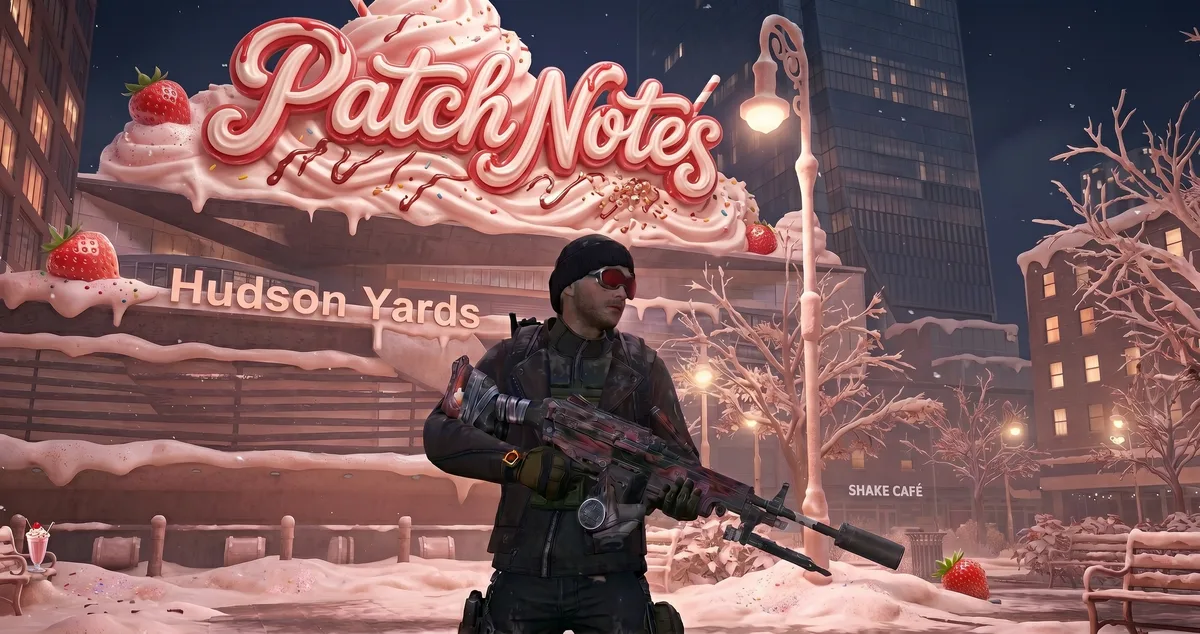 A Division SHD agent reading patch notes on a tactical tablet in a darkened command room surrounded by screens and maps